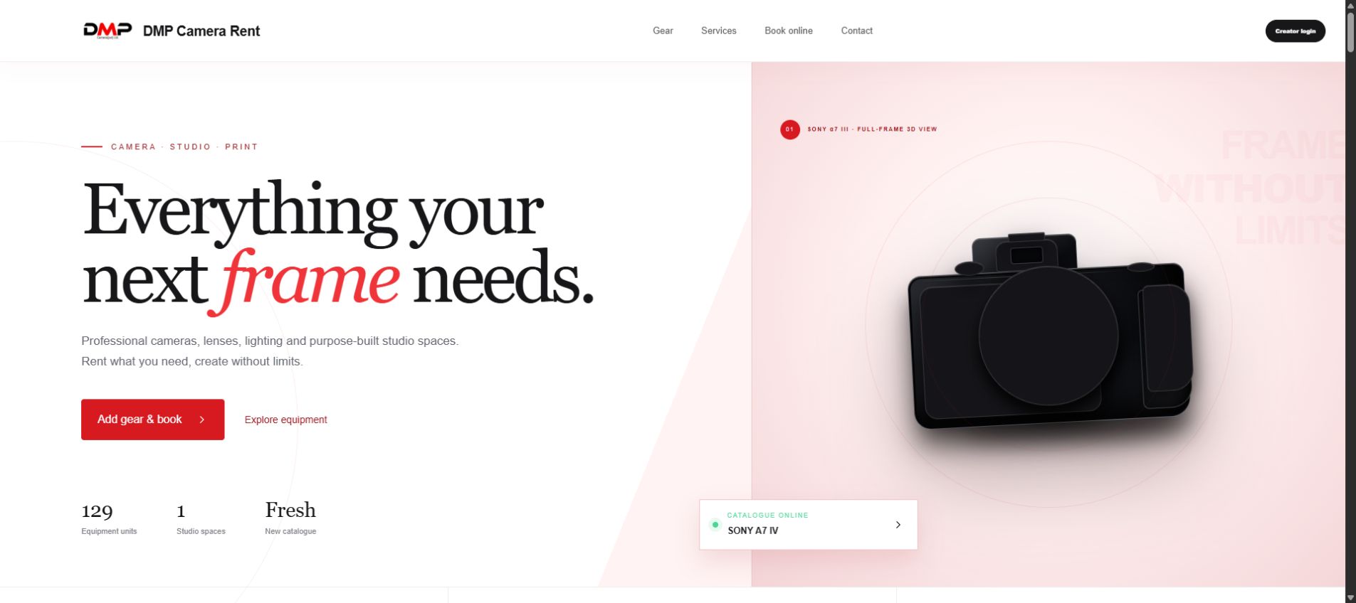 DMP Camera Rent website showing equipment, studio and printing services