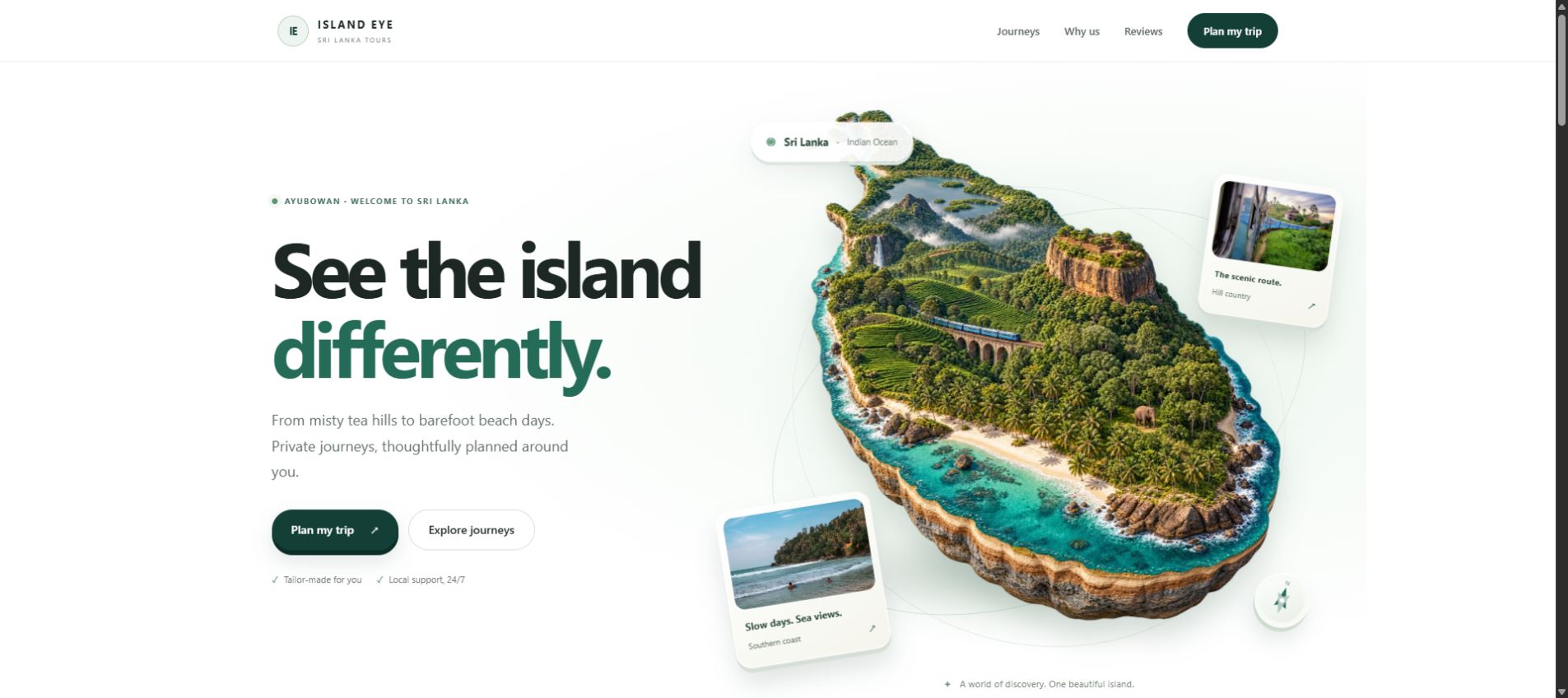 Island Eye Sri Lanka Tours website with custom journeys and island illustration