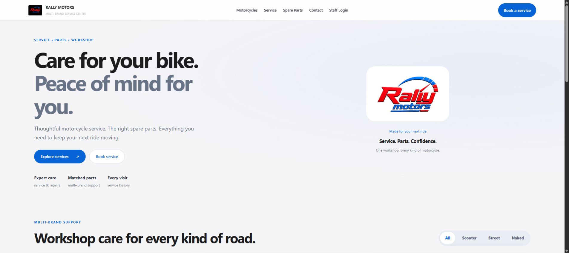 Rally Motors website showcasing motorcycle workshop care and spare parts